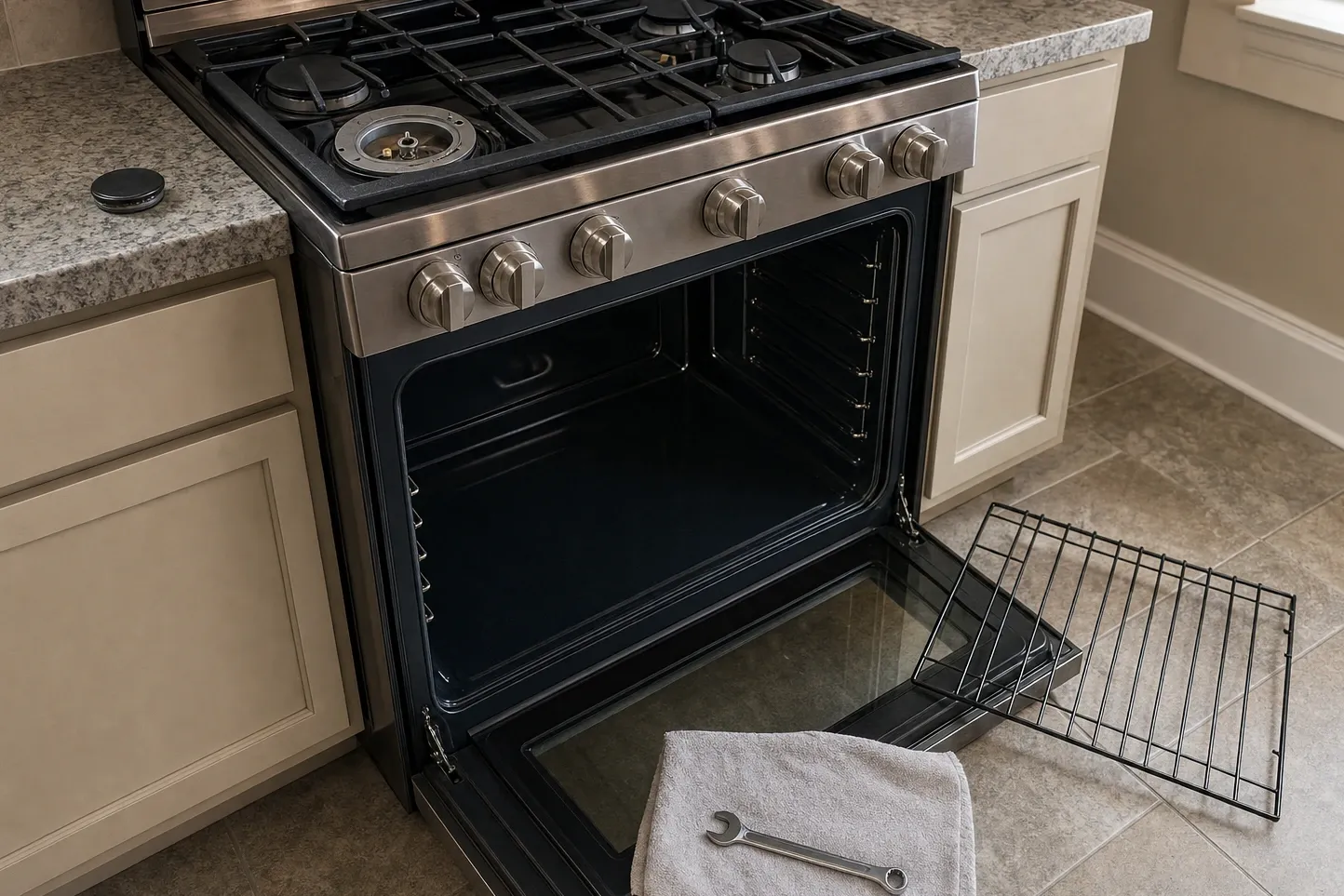 Stainless gas range with the oven door open, racks out on the tile floor and a wrench on a folded towel