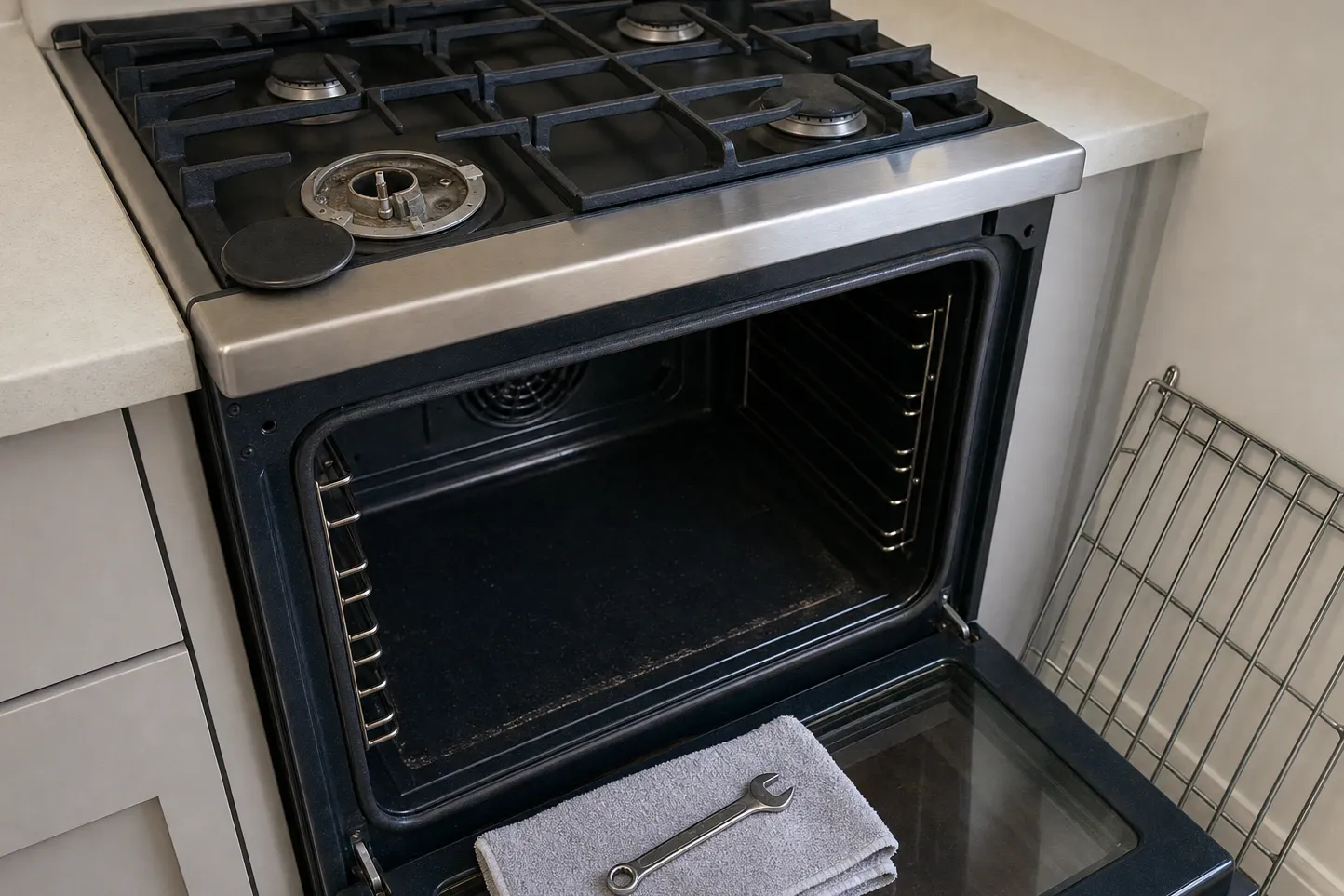 Oven cavity open with the convection fan cover at the back and a burner base on the cooktop with its cap off