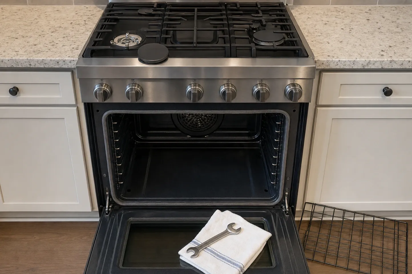 Stainless cooker seen head-on with six knobs, one burner uncapped and another cap lying on the hob, the cavity open behind a lowered door with a towel and wrench on it