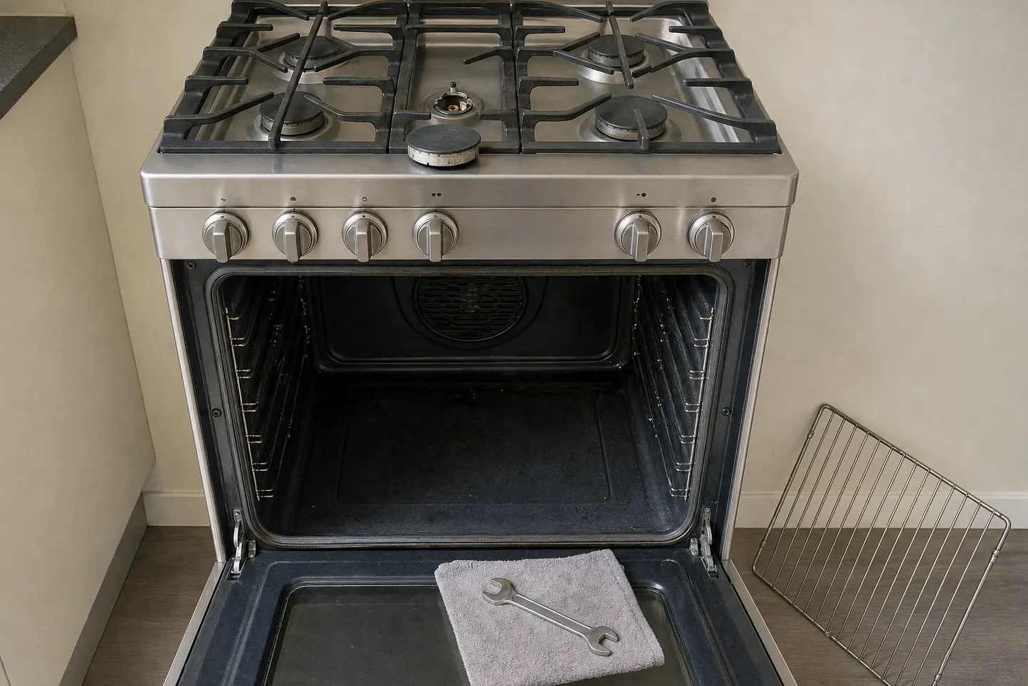 Freestanding stainless cooker pulled clear of the cabinets with a burner head removed, its cap standing on edge on the hob and the cooking cavity open below