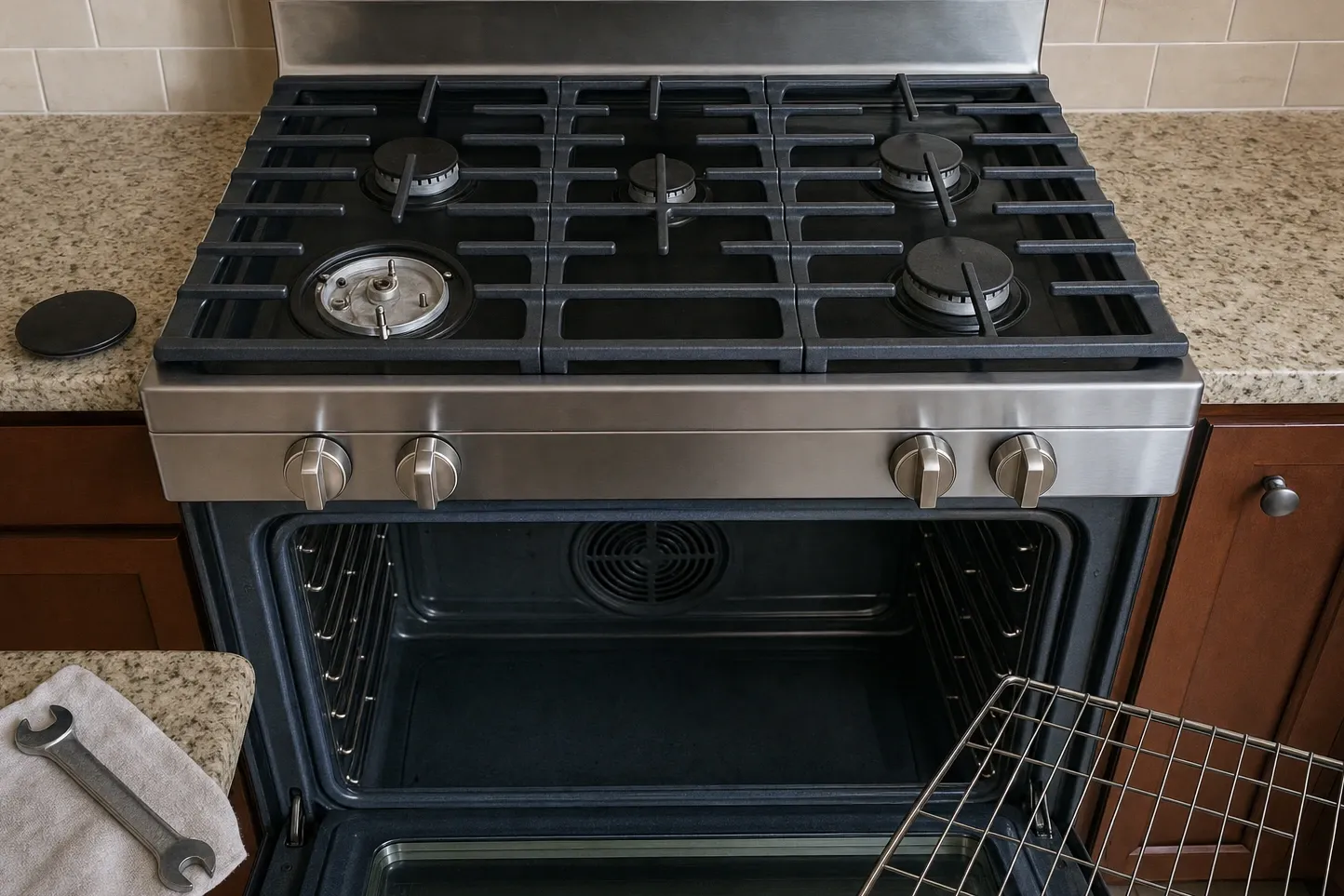 Overhead view across cast grates with one burner pan emptied, both electrodes and the orifice visible in the recess and the black cap resting on the stone counter